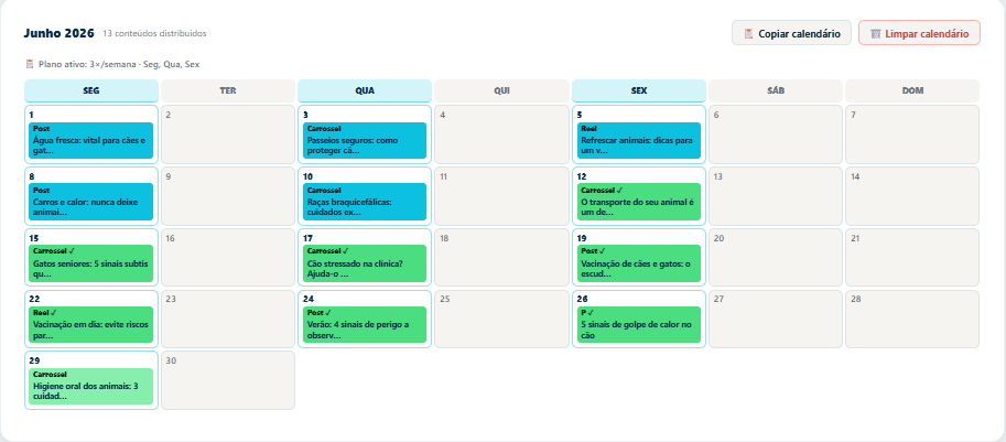 Calendário editorial do Entre Nós Pet com conteúdos distribuídos por mês