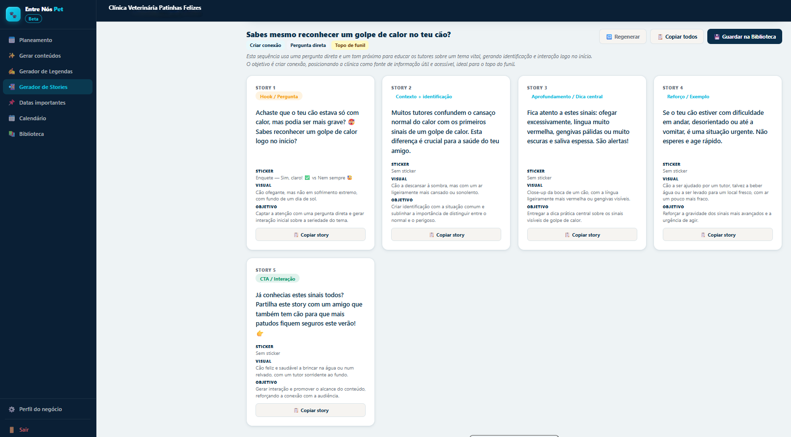 Gerador de stories com sequência de conteúdos no Entre Nós Pet